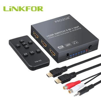 

LiNKFOR 4K 3D HDMI Switcher with Audio Extractor 5x1 HDMI Switch With IR Remote Control With 3.5mm to 2 RCA Cable Cable