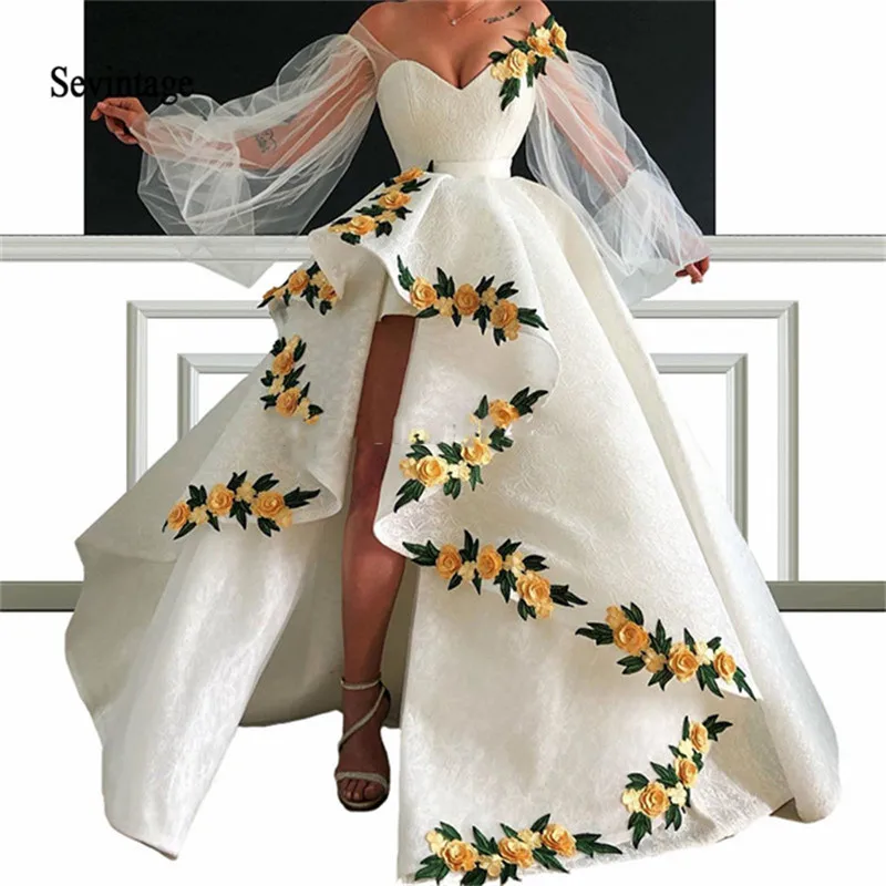 Фото Ассиметричное платье с открытыми плечами и длинными рукавами-фонариками | Платья на выпускной (4000561716927)