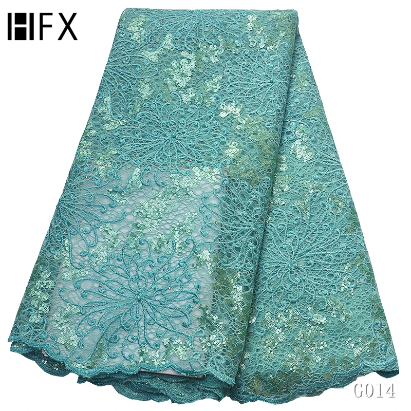 

HFX African French net lace fabric with sequins embroidery and beads mint green tulle lace fabric for wedding dress 5yards G014