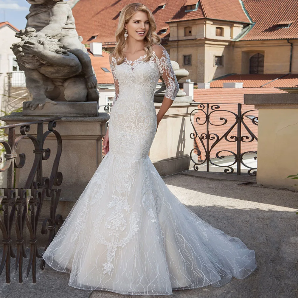 Vintage Lace Wedding Dresses Mermaid Scoop Three Quarter Sleeves Beading Applique Bride Dress Vestidos De Noiva for Wedding
Vintage Lace Wedding Dresses Mermaid Scoop Three Quarter Sleeves Beading Applique Bride Dress Vestidos De Noiva for Wedding