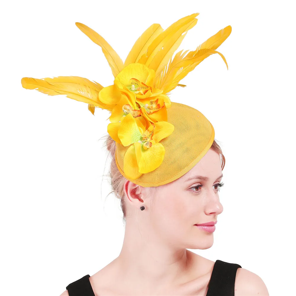 

Винтажные желтые шляпы с перьями, Коктейльная шляпа Sinamay Base, Вуалетка, головные уборы, аксессуары для невесты красного цвета XMF320