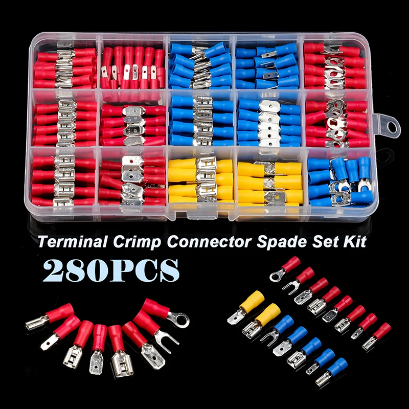 280Pcs Assorted Insulated Spade Crimp Terminal Electrical Wire Connector Set Red Blue Yellow
280Pcs Assorted Insulated Spade Crimp Terminal Electrical Wire Connector Set Red Blue Yellow