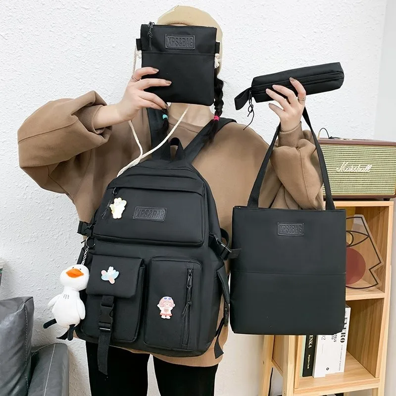 4 Pcs Set New Casual Backpack School Bag For Teenager Girl Women Cute Student Shoulder Bags Children's Book | Багаж и сумки