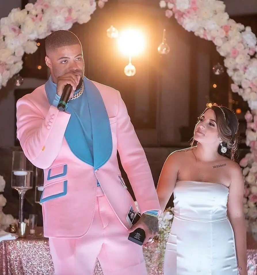 Мужской костюм для жениха пиковый смокинг с лацканами синего и розового цветов