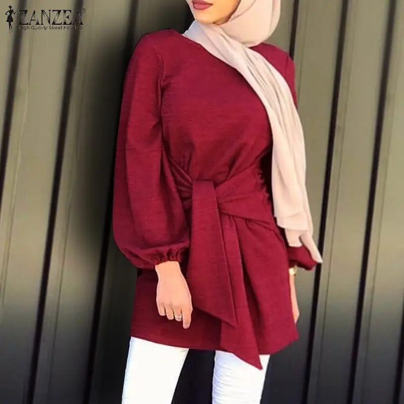 Фото ZANZEA Women Autumn Shirt Stylish Muslim BlouseVintage Long Sleeve Lace Up Tops Casual Solid Dubai Abaya Turkey Blusas S- | Женская
