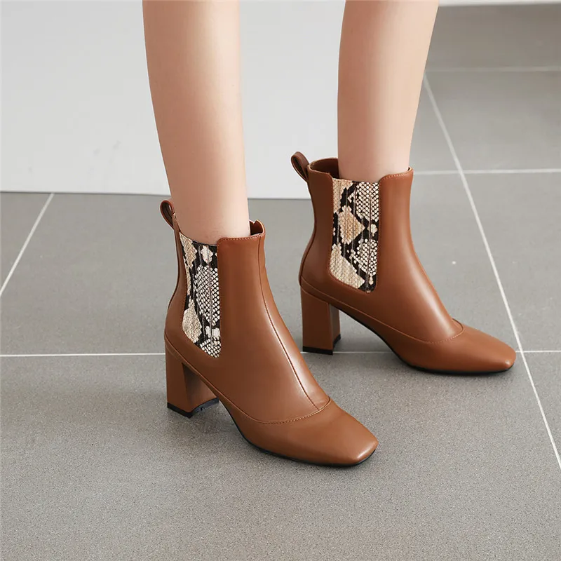 

YQBTDL 2023 Fashion Snake Print Slip on Ankle Chelsea Boots ladies High Heel Square Toe party shoes for women Autumn Winter