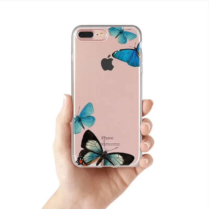 Красивый прозрачный чехол с голубым монарком и бабочкой для iPhone 11 12Pro Mini 6 7 8 Plus X MAX