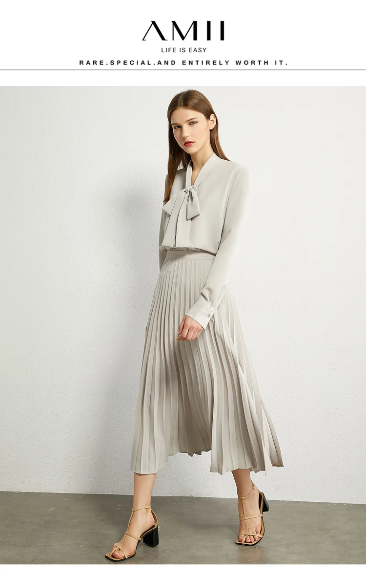 AMII Minimalism Autumn Olstyle Set Fashion Bow Neck Full Sleeve Loose Women Shirt High Waist Pleated Female Skirt 12040337