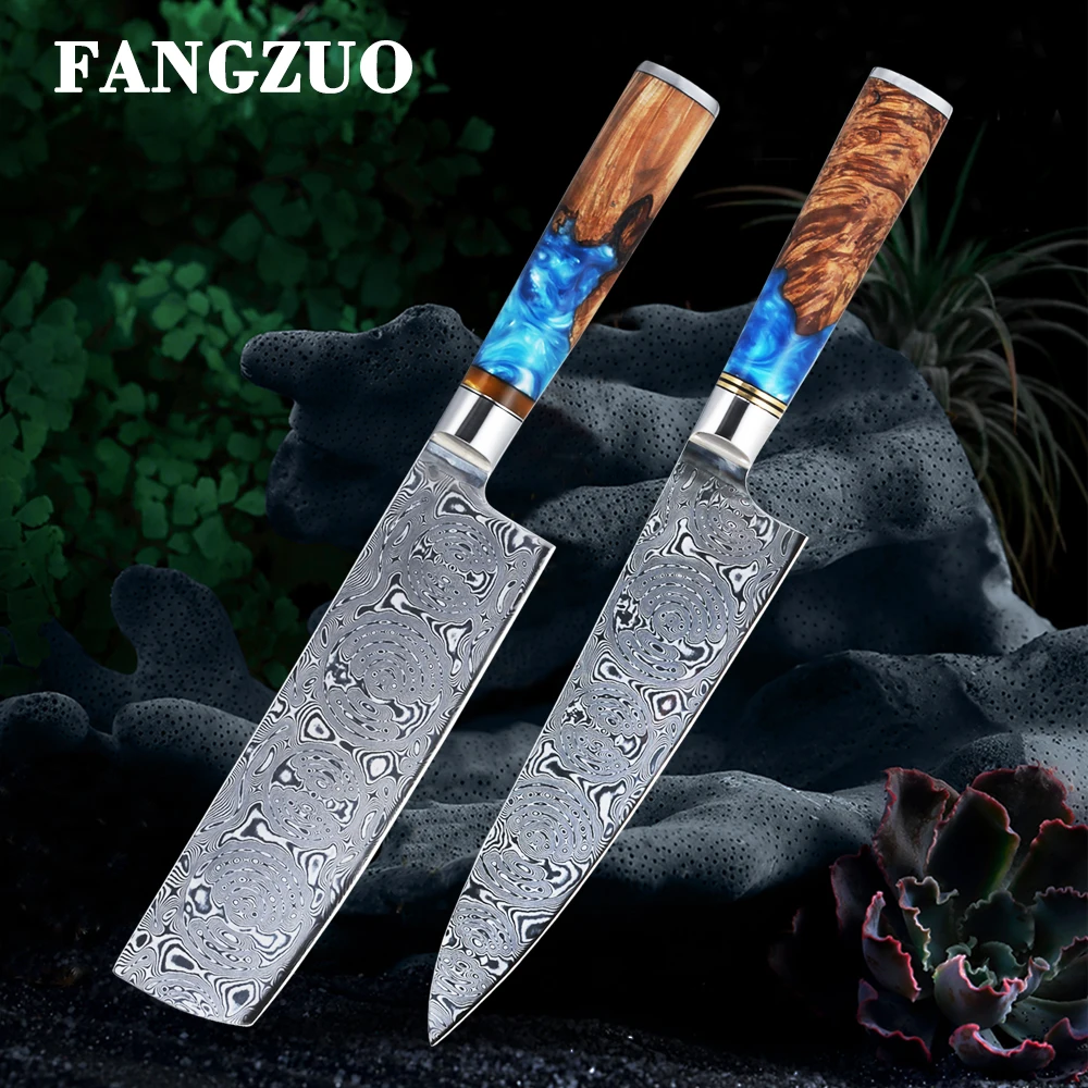 FANGZUO Damascus Steel 2 PCS knives set 67 layers VG10 Solidified Wood Handle Chef Knife Chopping Kitchen Tool Set
FANGZUO Damascus Steel 2 PCS knives set 67 layers VG10 Solidified Wood Handle Chef Knife Chopping Kitchen Tool Set