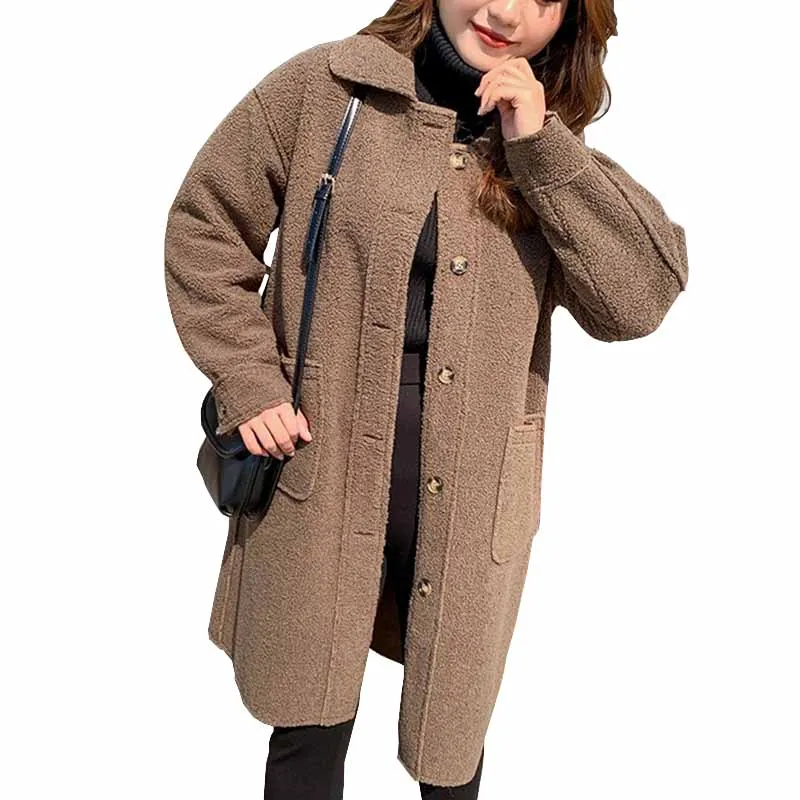 Oversize Lamb Wool Skin Fur Together Jacket Women Autumn Winter Single-Breasted Outwear Loose Casual Top Coat Plus Size KW273 | Женская