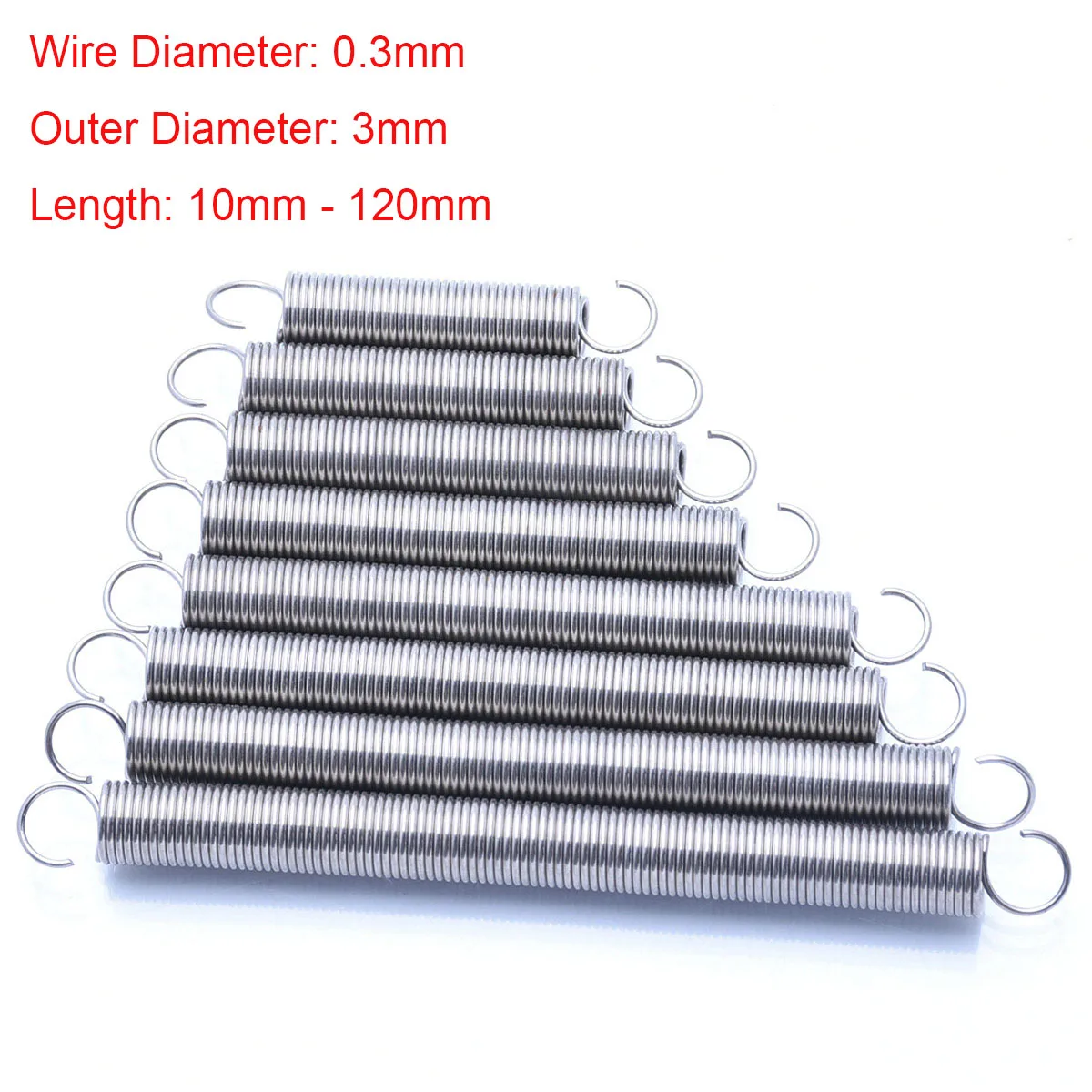 304 Stainless Steel Tension Extension Spring Pullback Spring With Open Hook, Wire Dia 0.3mm x Outer Dia 3mm x Length 10-300mm
304 Stainless Steel Tension Extension Spring Pullback Spring With Open Hook, Wire Dia 0.3mm x Outer Dia 3mm x Length 10-300mm