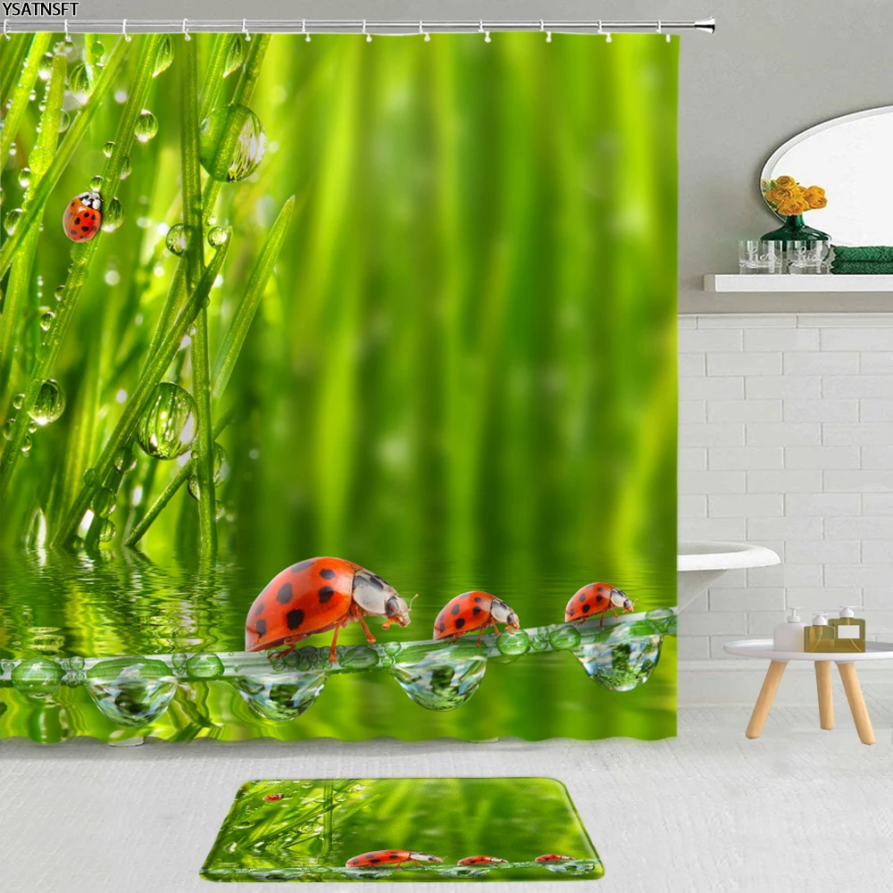 

2Pcs 3D Creative Ladybug Shower Curtain Water Drops Green Leaf Raindrop Flowers Fabric Non-Slip Bath Mat Bathroom Curtains Set