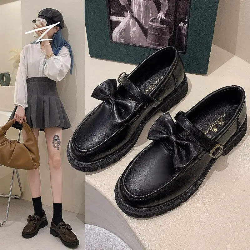 

2021 New Leather Retro Brogues Women Shoes Oxfords Female Bow Knot Shoes Woman Slip on Flats Low Heels Creepers Casual Loafers