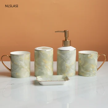 5 pcs/set High-grade Ceramic Bathroom Accessory Set Imitation marble stripes Soap dispenser gargle cup Toothbrush Holder
5 pcs/set High-grade Ceramic Bathroom Accessory Set Imitation marble stripes Soap dispenser gargle cup Toothbrush Holder