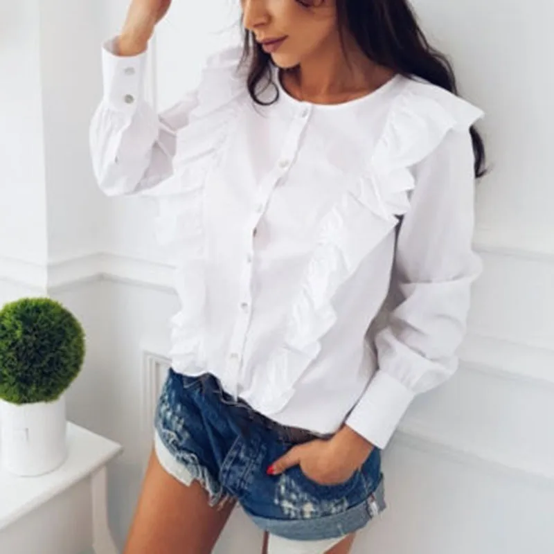 Women Summer Casual Tops Ruffled Long-sleeved Shirt Single-breasted Round Neck Button Tops
Women Summer Casual Tops Ruffled Long-sleeved Shirt Single-breasted Round Neck Button Tops