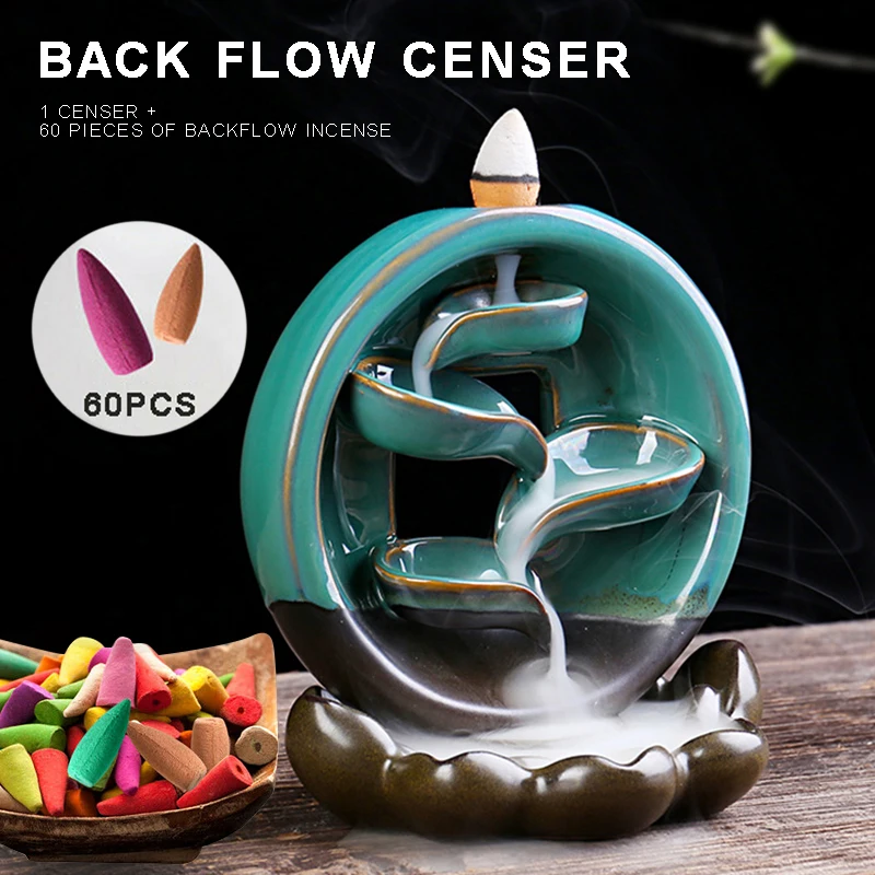 

Rounded Waterfall Smoke Backflow Incense Burner Ceramic Holder+60 Cones