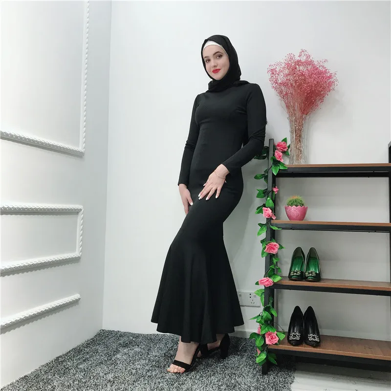 Clearance Solid Trumpet Long Dress Round Neck Sleeve Muslim Bottoming Mermaid Dresses for Open Abaya and Kimonos Black | Женская одежда