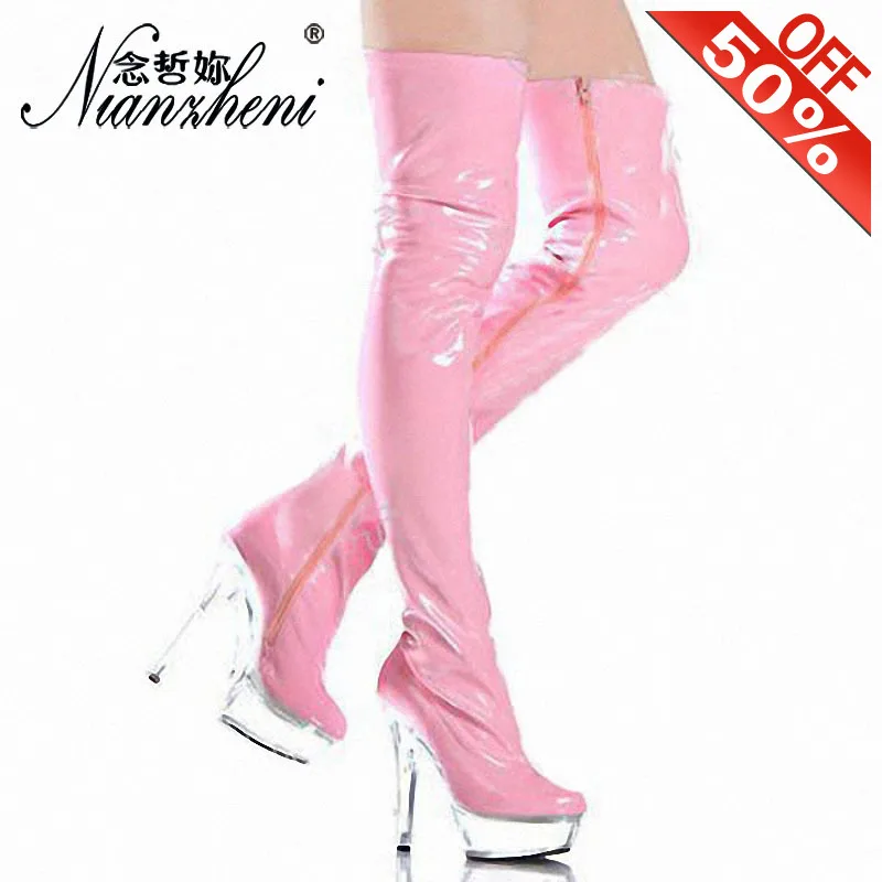6 дюймов Высокий каблук Бедра 15CM Обувь над коленом Strappy Boots Pink Fetish Pole Dance Gothic For Thin Legs