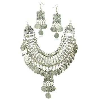 

Gypsy Big Chunky Coin Tassel Choker Necklace & Earrings Sets for Women Afghan India Jhumka Oxidized Jewelry Sets Party Gift