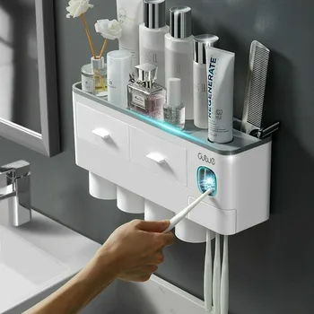 Automatic Toothpaste Dispenser 2/3/4 cups Toothbrush Holder With Cup Wall Mount Toiletries Storage Rack Bathroom Toothpaste tool
Automatic Toothpaste Dispenser 2/3/4 cups Toothbrush Holder With Cup Wall Mount Toiletries Storage Rack Bathroom Toothpaste tool