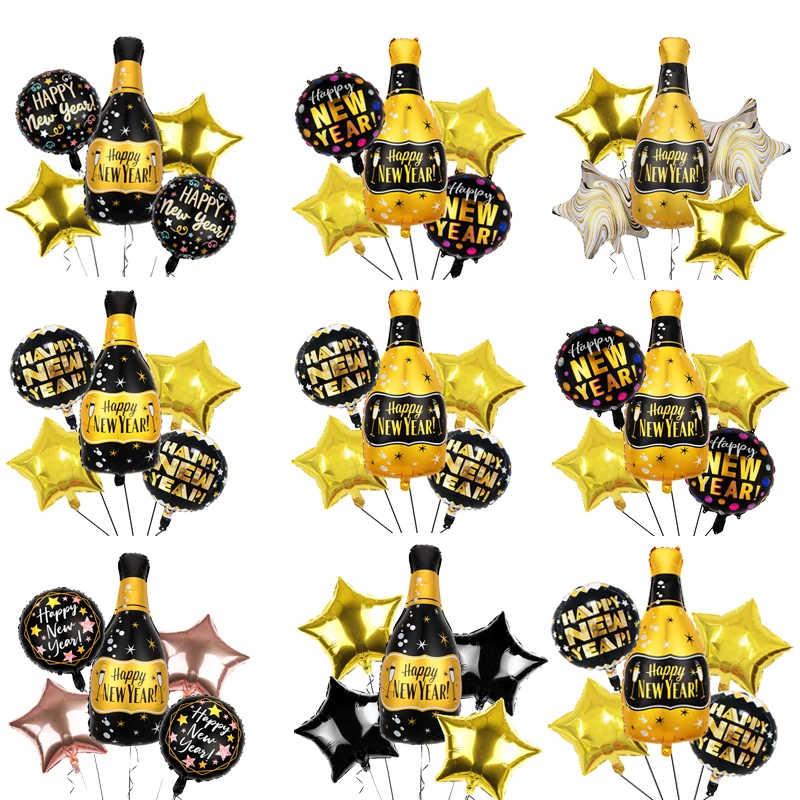 5Pcs Black Gold Happy New Year Wine Bottle Star Foil Balloons For 2024 New Year Party Celebration Christmas Anniversary Supplies
5Pcs Black Gold Happy New Year Wine Bottle Star Foil Balloons For 2024 New Year Party Celebration Christmas Anniversary Supplies