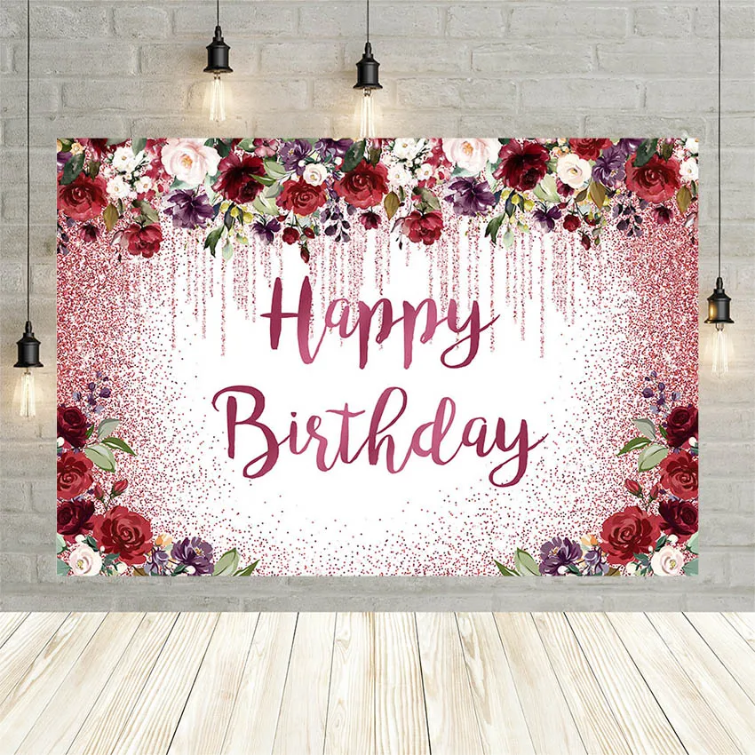 

Avezano Red Flowers Happy Birthday Photography Backdrops Glitter Women Party Banner Decor Background Photo Studio Photozone Prop