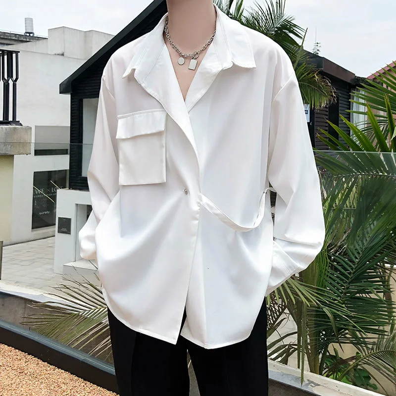 2021 Korean Style Men's Solid Color Long Sleeve Ribbon Shirts White/black Irregular Shirts Camisa Masculina Streetwear Clothes
2021 Korean Style Men's Solid Color Long Sleeve Ribbon Shirts White/black Irregular Shirts Camisa Masculina Streetwear Clothes