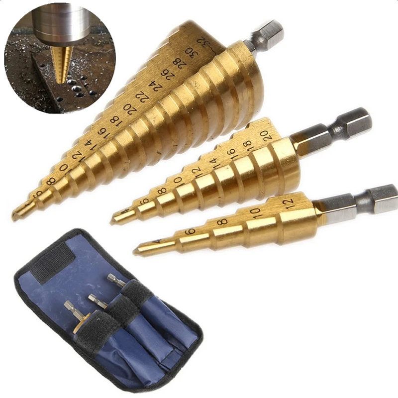 3pcs Hss step drill bit set cone hole cutter Taper metric 4 - 12 / 20 / 32mm 1 / 4 "titanium coated metal hex core drill bits
3pcs Hss step drill bit set cone hole cutter Taper metric 4 - 12 / 20 / 32mm 1 / 4 "titanium coated metal hex core drill bits