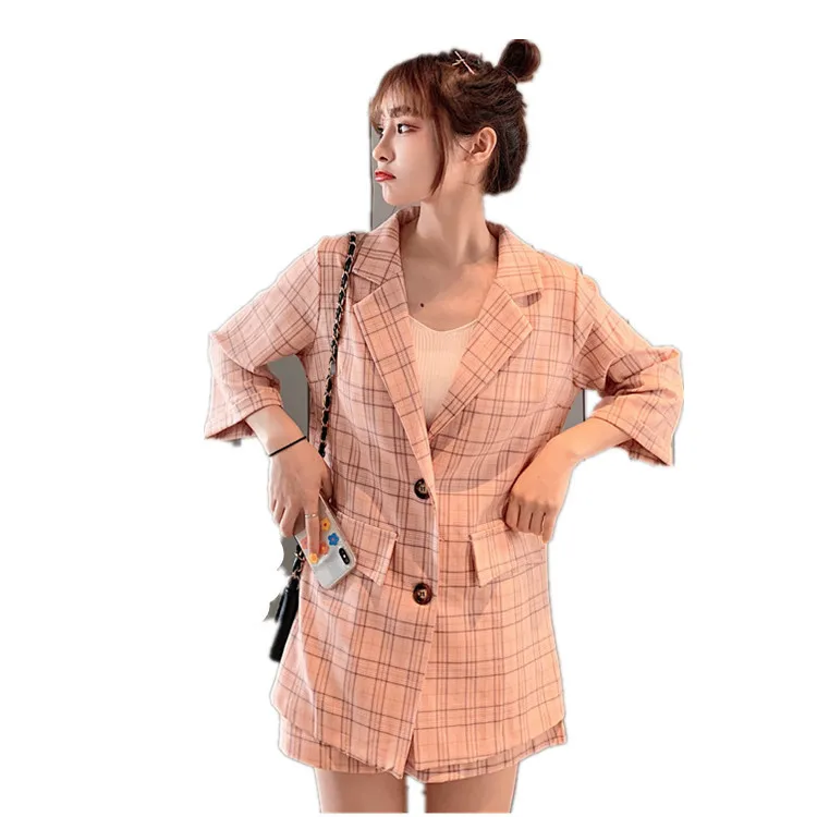 

2020 Kaguster Blazer set Women suit with shorts Plaid pink Long Summer tute donna two piece set Office Lady womens office sets