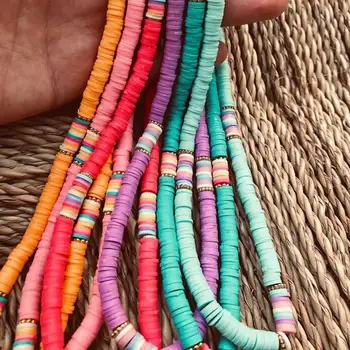 

G.YCX 6mm Beach Heishi Beads Collar Necklaces Rainbow Striped Polymer Clay Strand Surfer Necklace Choker For Women Girl