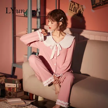 LYun Women's Cotton Pajamas Pajamas Pants Set College Style Lapel Lace Ribbon Bow Jacquard Cotton Cute Girl Pajamas 2020 new 
LYun Women's Cotton Pajamas Pajamas Pants Set College Style Lapel Lace Ribbon Bow Jacquard Cotton Cute Girl Pajamas 2020 new