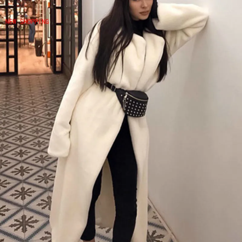 Фото Белая искусственная Меховая куртка элегантный длинный пушистый Тренч женские