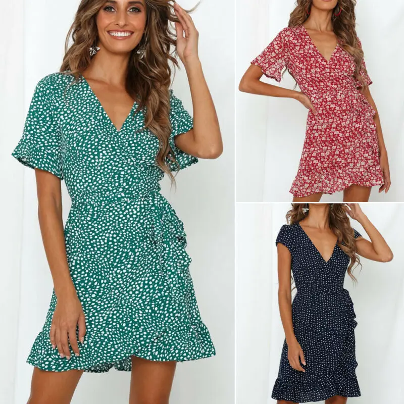 Women's Wrap Summer V-Neck Boho Floral Print Mini Dress Ladies Holiday Beach Sundress
Women's Wrap Summer V-Neck Boho Floral Print Mini Dress Ladies Holiday Beach Sundress