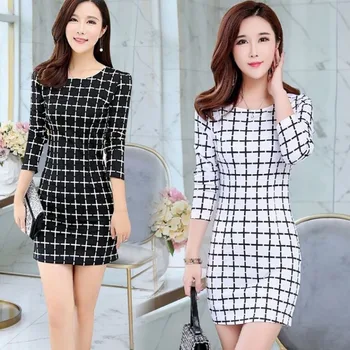 Bodycon Dress women new plaid printed 3/4 sleeve summer autumn dresses black white elegant office 
Bodycon Dress women new plaid printed 3/4 sleeve summer autumn dresses black white elegant office