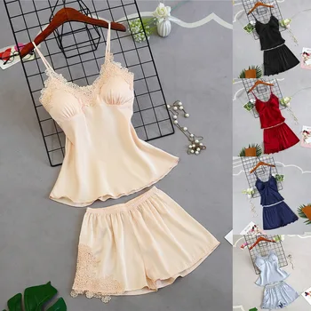 2020 New Women Silk-Like Pyjamas Casual Lace Suspenders Sexy Nightdress Sleepwear Pants Short Sleeve Two-piece Suit Plus size
2020 New Women Silk-Like Pyjamas Casual Lace Suspenders Sexy Nightdress Sleepwear Pants Short Sleeve Two-piece Suit Plus size