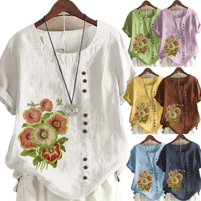 

New Summer Fashion Flowers Printed Linen T-shirt Ladies Short Sleeve O-neck Blouse Women's Loose Tops Plus Size