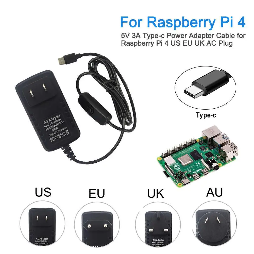 For Raspberry Pi 4 Type-C Power Supply 5V 3A Power Adapter With ON/OFF Switch EU US AU UK Charger For Raspberry Pi 4 Model B
For Raspberry Pi 4 Type-C Power Supply 5V 3A Power Adapter With ON/OFF Switch EU US AU UK Charger For Raspberry Pi 4 Model B