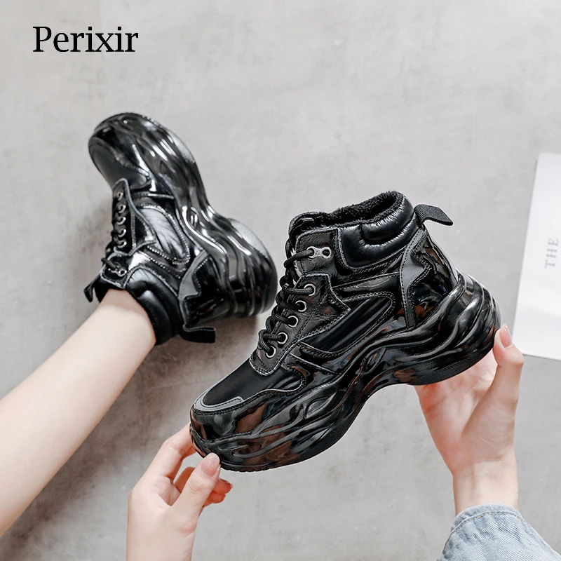 

Perixir Women Shoes Genuine Leather Sneaker Thick Bottom Short Plush CasualShoes Round Toe 2020New CD008 Lace-Up Autumn Footwear