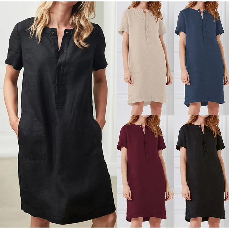 2020 Summer Women's Loose Short Sleeve Pocket Mid-length Dress Button Solid Mid-length Dress Women Retro Straight Clothes
2020 Summer Women's Loose Short Sleeve Pocket Mid-length Dress Button Solid Mid-length Dress Women Retro Straight Clothes