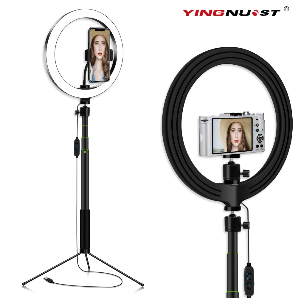 

Portable LED Ring Light 10" with Selfie Stick Tripod Stand & Phone Holder for Live Streaming ,YouTube Video, Dimmable Desk Makeup Ring Light for Camera Photography, Shooting with 3 Light Modes & 10 Brightness Level