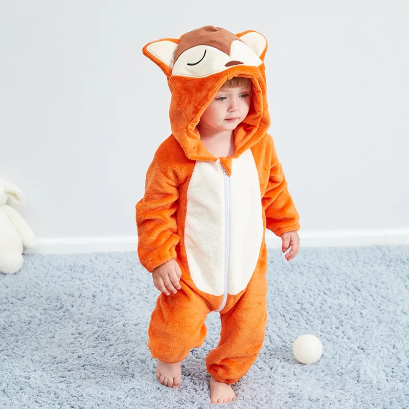7.1 19.99、Children's pajamas baby cute fox one-piece pajamas autumn and winter warm flannel baby onesies children's romper