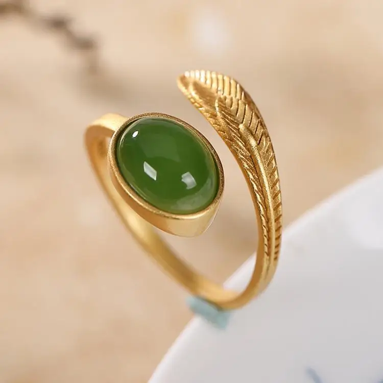 Natural Hetian jade feather ring Chinese style retro creative unique ancient gold craft luxury women elegant silver jewelry | Украшения и