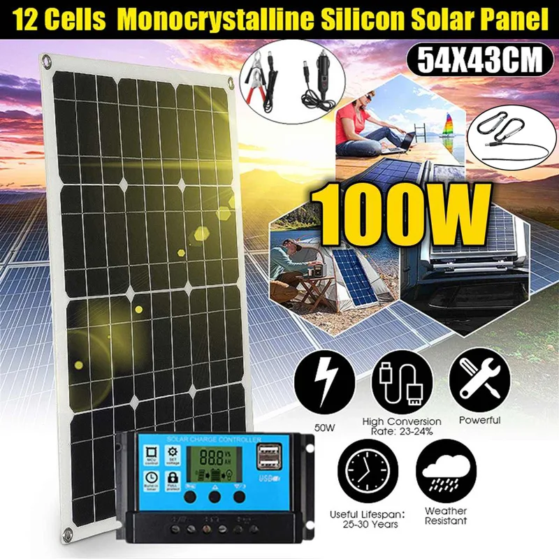 100W Flexible Solar Panel Kit Portable 12V Solar Cells Charger 5V USB for Phone RV Car Boat Camping Hiking Battery Charger
100W Flexible Solar Panel Kit Portable 12V Solar Cells Charger 5V USB for Phone RV Car Boat Camping Hiking Battery Charger