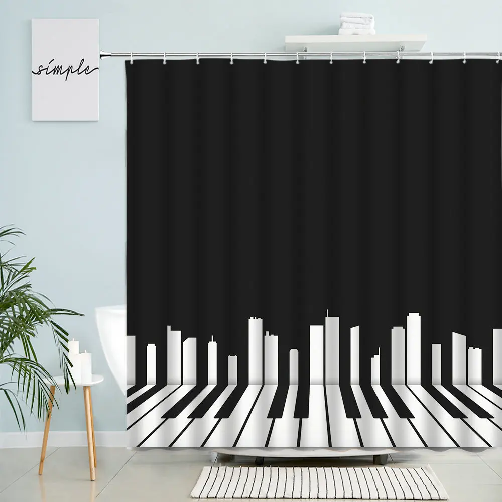 

Черно-белая Геометрическая занавеска для душа, заметки для пианино, современный абстрактный узор, декор для ванной комнаты с крючком, водонепроницаемый экран из полиэстера