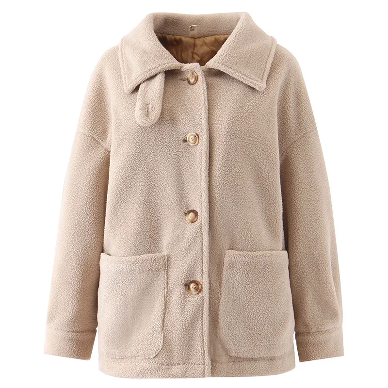 Women's Fleece Jacket Lapel Collar Button Closure Long Sleeves Solid Overcoat with 2 Pockets for Autumn Winter
Women's Fleece Jacket Lapel Collar Button Closure Long Sleeves Solid Overcoat with 2 Pockets for Autumn Winter