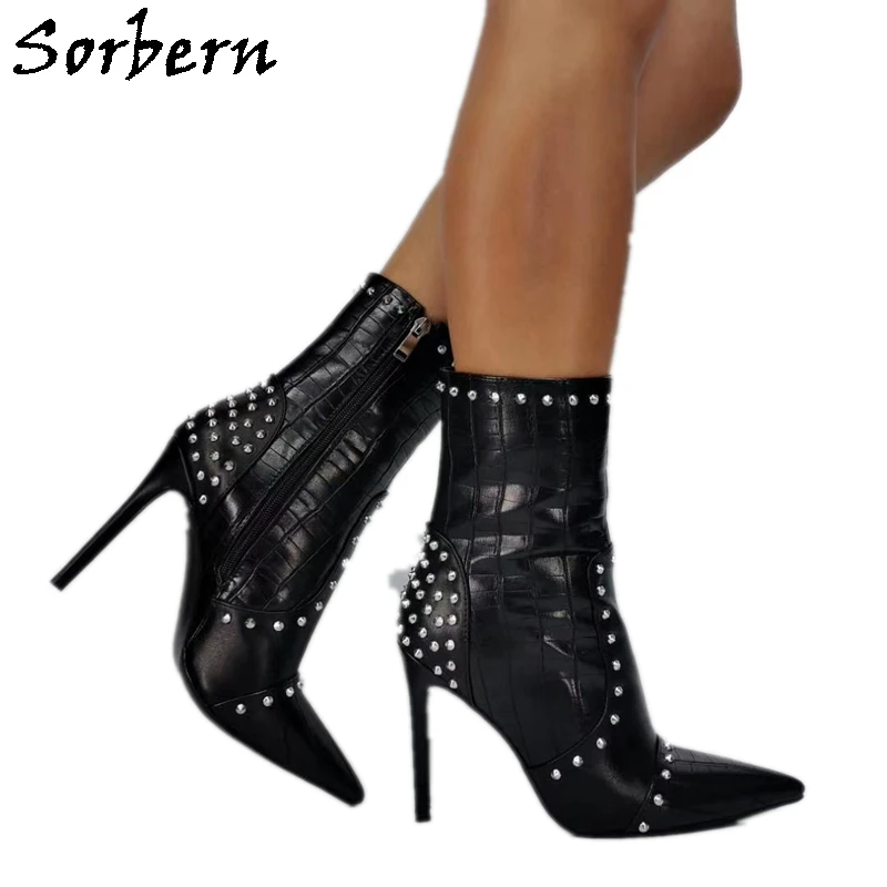 Sorbern Crocodile Style Rivets Boots For Women Punk Style Pointed Toe High Heel Stilettos Short Ladies Booties Side Zipper
Sorbern Crocodile Style Rivets Boots For Women Punk Style Pointed Toe High Heel Stilettos Short Ladies Booties Side Zipper