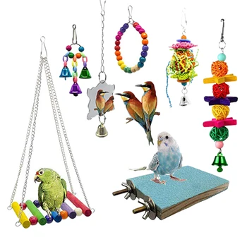 7 Pcs Set Bird Swing Chewing Toys Parrot Hammock Bell Toys Suitable for Small Parakeets Cockatiels Conures Finches Budgie Macaws