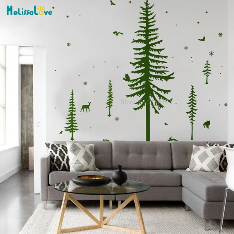 

Mountain Pine Trees owls flying or seated, fawn, birds, squirrel Home Decal Wall Sticker BB048