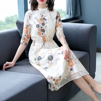 2020 Female Five Points Sleeve Slim Fit Slim Mulberry Silk Printing Medium Length Money Silk Dress Summer 
2020 Female Five Points Sleeve Slim Fit Slim Mulberry Silk Printing Medium Length Money Silk Dress Summer