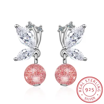 

Sweet 925 Sterling Silver Earrings For Women Nnatural Strawberry Crystal Butterfly Earrings Prevent Allergy S-E922